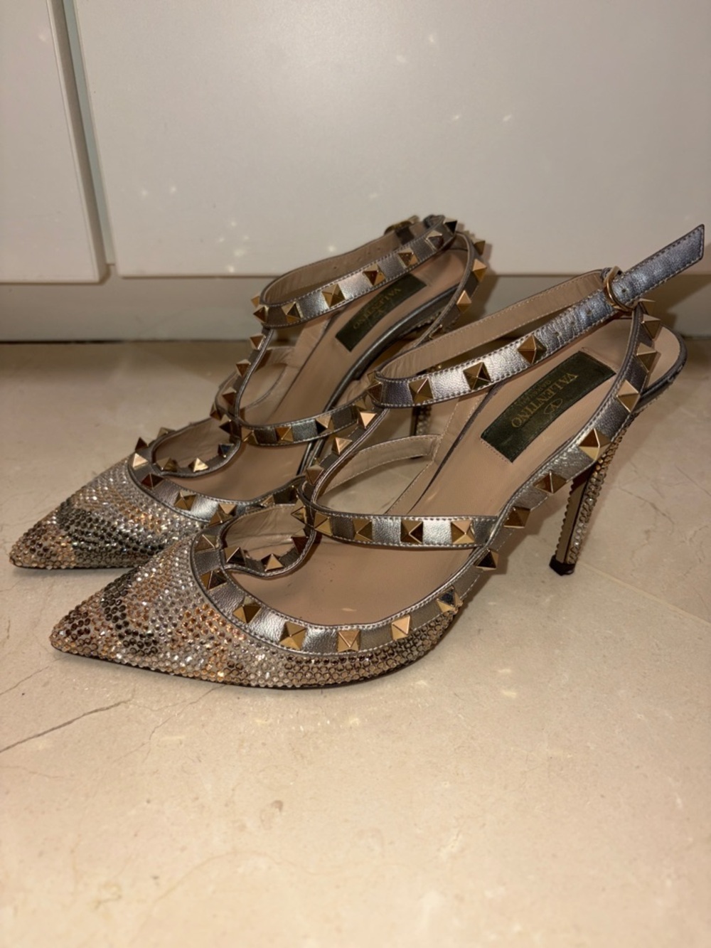Valentino Garavani crystal embellished  Gold Rockstud Slingback Pumps